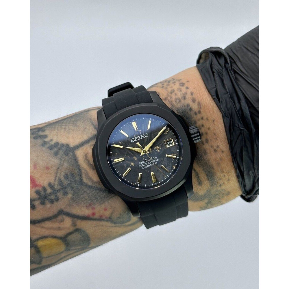 Custom Seiko Mod • Matte Black Carbon Nautilus w/ Gold Accent • 40mm